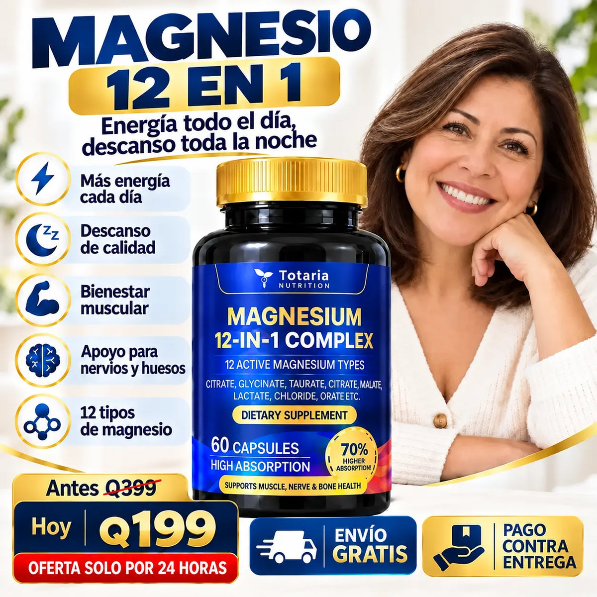 Magnesio 12 en 1: Adiós al Cansancio, Estrés y Dolor Muscular | 60 Cápsulas