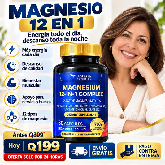 Magnesio 12 en 1: Adiós al Cansancio, Estrés y Dolor Muscular | 60 Cápsulas